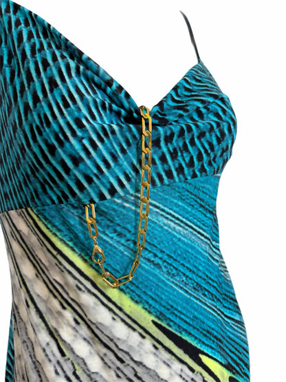ROBERTO CAVALLI 2001 Vintage Psychedelic Print Chain Accent Dress