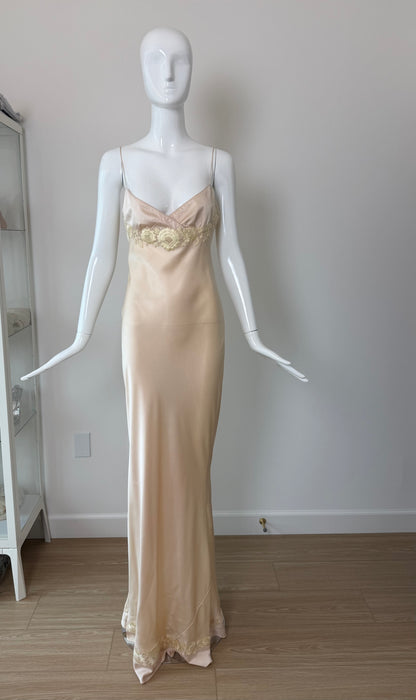 Les Habitudes 90's Vintage Blush Peach Beaded Floral Antique Look Slip Gown