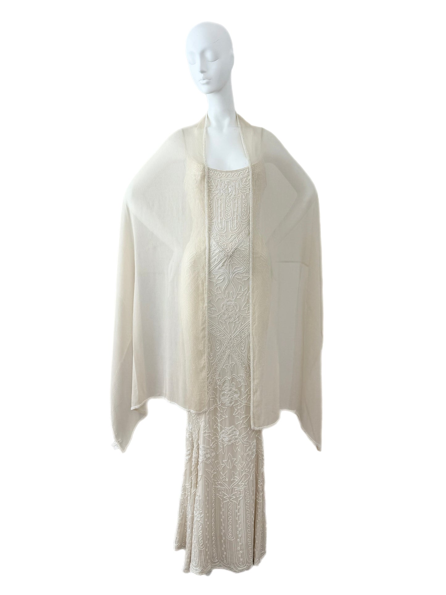 LES HABITUDES 90's Vintage Couture Hand Beaded Bridal Gown w. Gloves + Shawl