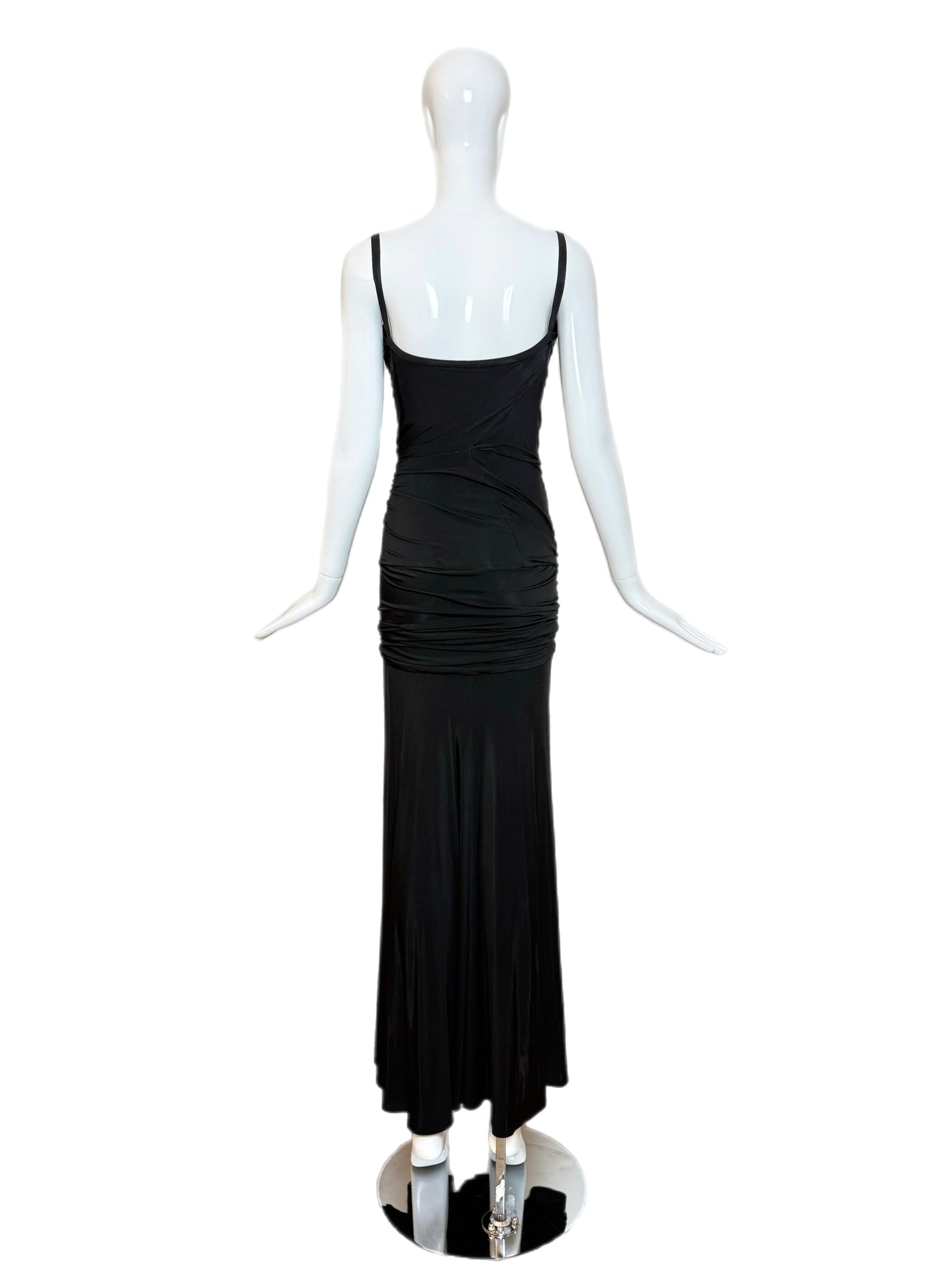 DONNA KARAN Vintage Black Ruched Knotted Evening Gown