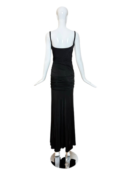DONNA KARAN Vintage Black Ruched Knotted Evening Gown