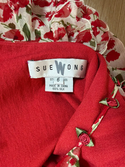 SUE WONG 2002 Vintage Silk Rosette Ruffle Cocktail Dress