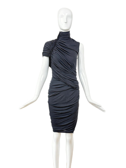 DONNA KARAN Vintage Grey Ruched Zipper Dress