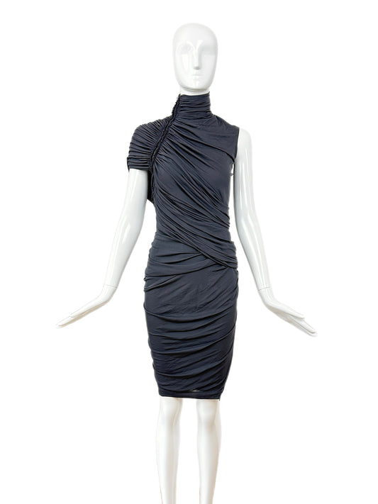 DONNA KARAN Vintage Grey Ruched Zipper Dress