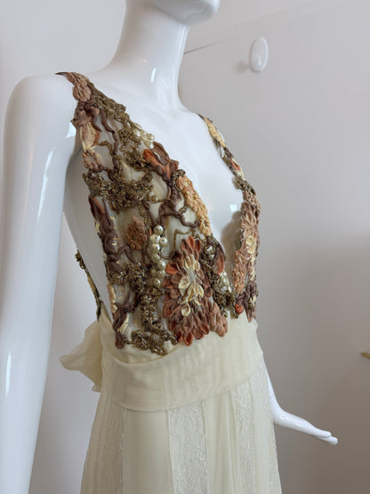 Ema Savahl Couture Hand Painted Ivory Pleated Lace Backless Gown