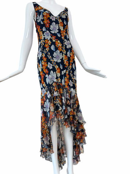 JOHN GALLIANO 2004 Vintage Silk Navy Floral Ruffle Maxi Dress