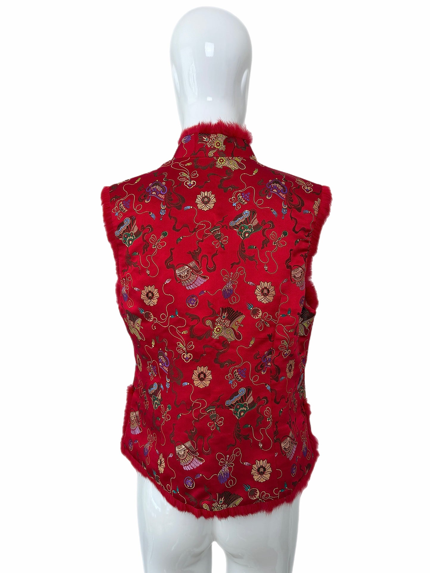 ADRIENNE LANDAU Vintage Red Chinoiserie Fur Trimmed Lightweight Vest
