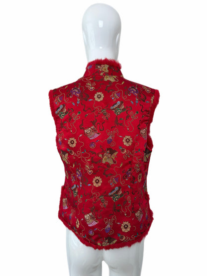 ADRIENNE LANDAU Vintage Red Chinoiserie Fur Trimmed Lightweight Vest