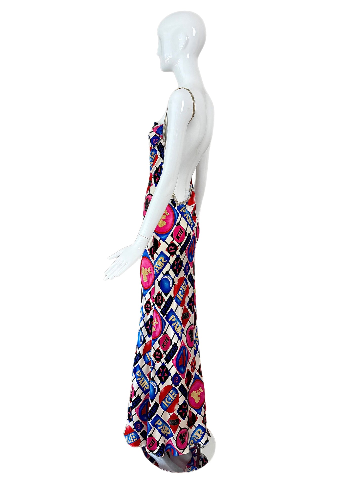 ICEBERG 2001 Vintage Runway 100% Silk Crystal Strap Backless Gown