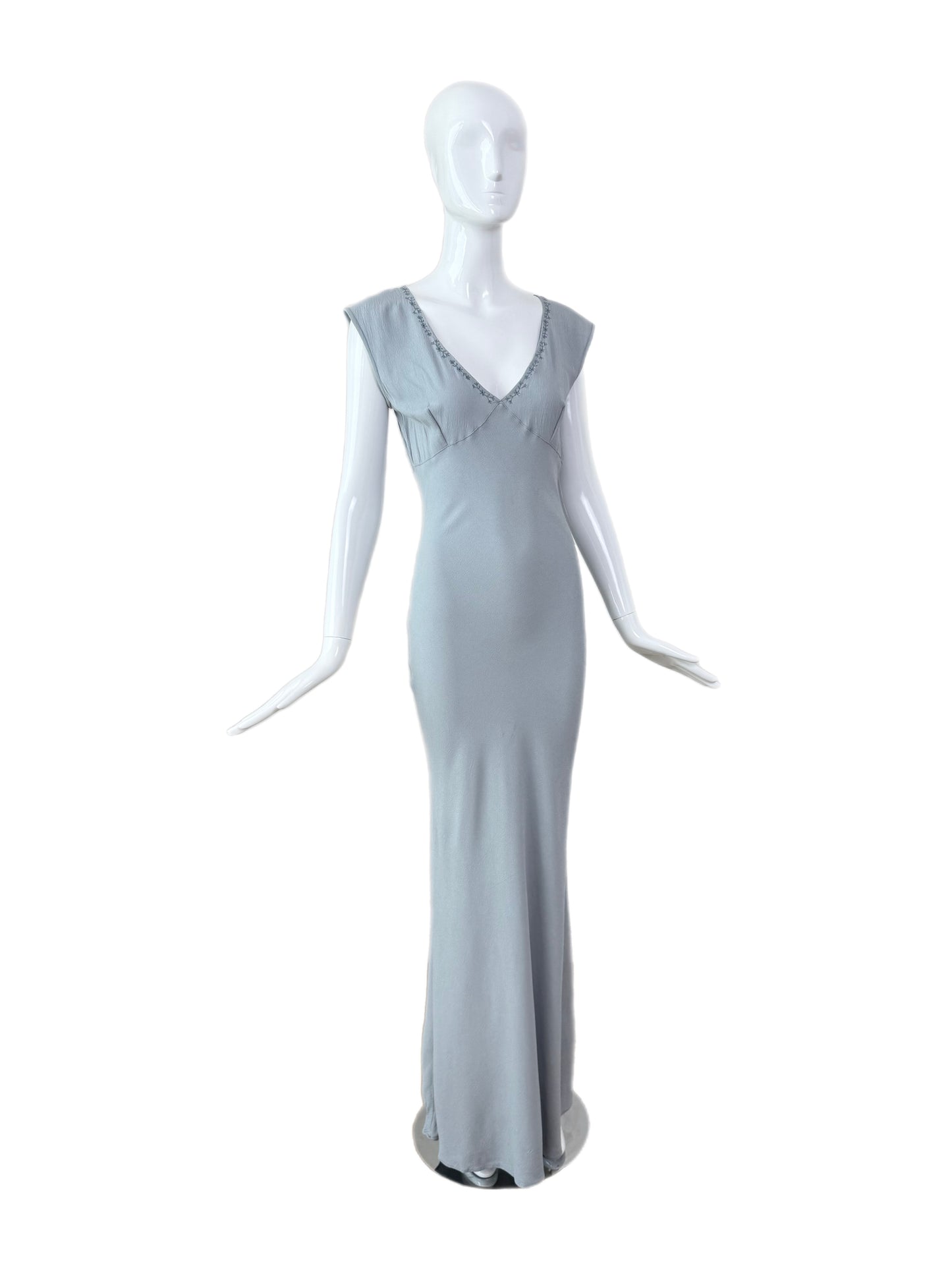 LES HABITUDES 90's Vintage Dusty Powder Blue Floral Neckline Slip Gown