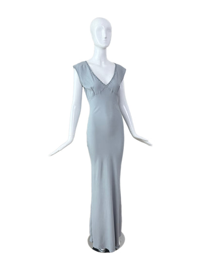LES HABITUDES 90's Vintage Dusty Powder Blue Floral Neckline Slip Gown