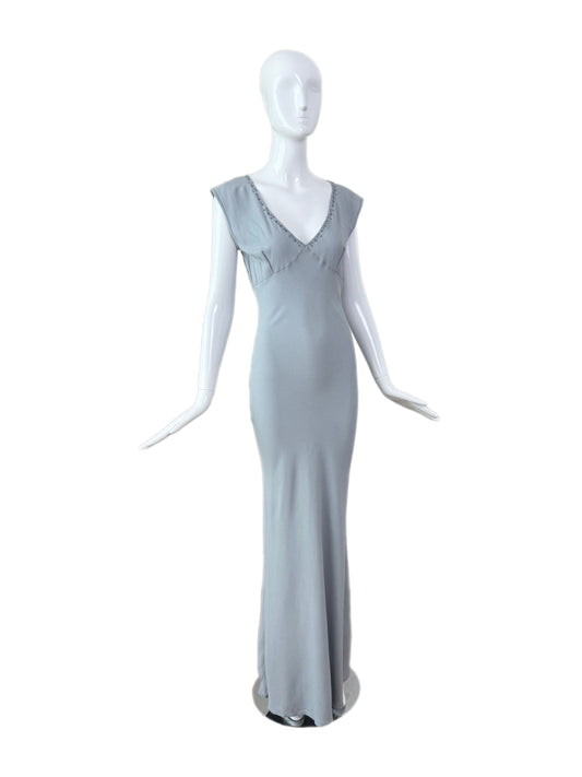 LES HABITUDES 90's Vintage Dusty Powder Blue Floral Neckline Slip Gown