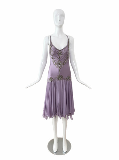 SUE WONG 2007 Vintage Runway Silk Lilac Purple Embellished Cocktail Dress