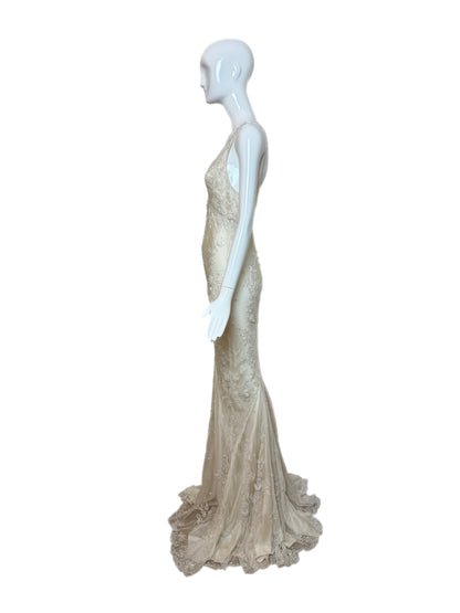 LES HABITUDES 90's Vintage Couture Ivory Beaded Silk Wedding Gown w. Shawl