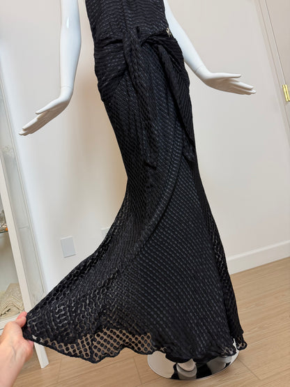 GALLIANO Vintage Black Silk Blend Textured Jacquard Halter Neck Evening Gown