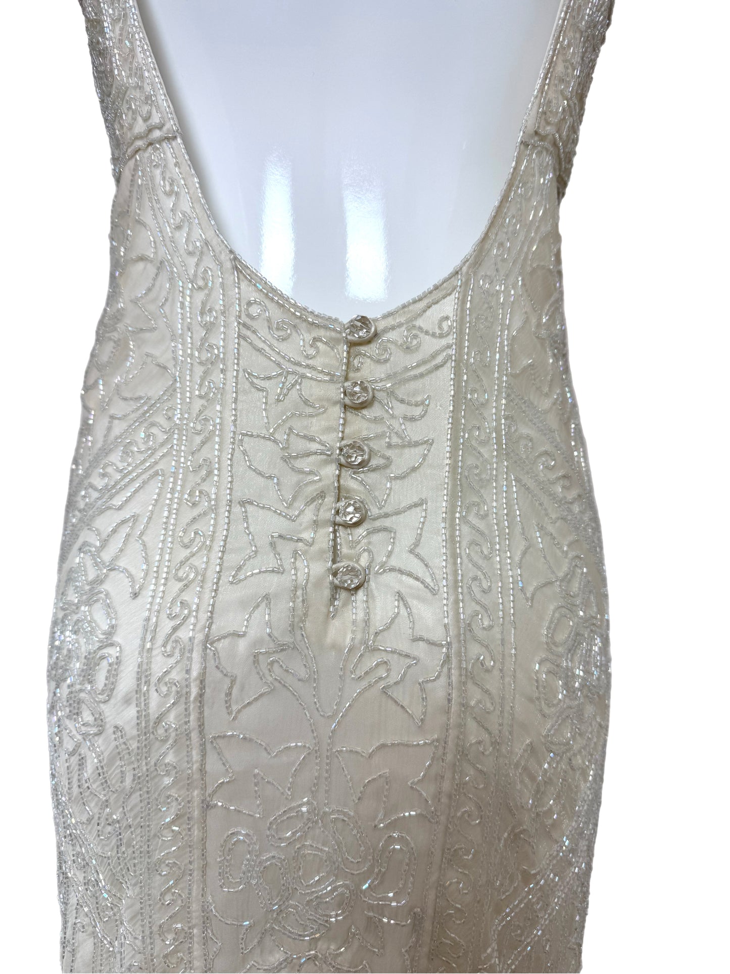LES HABITUDES 90's Vintage Couture Ivory White Silk Beaded Dress w. Shawl