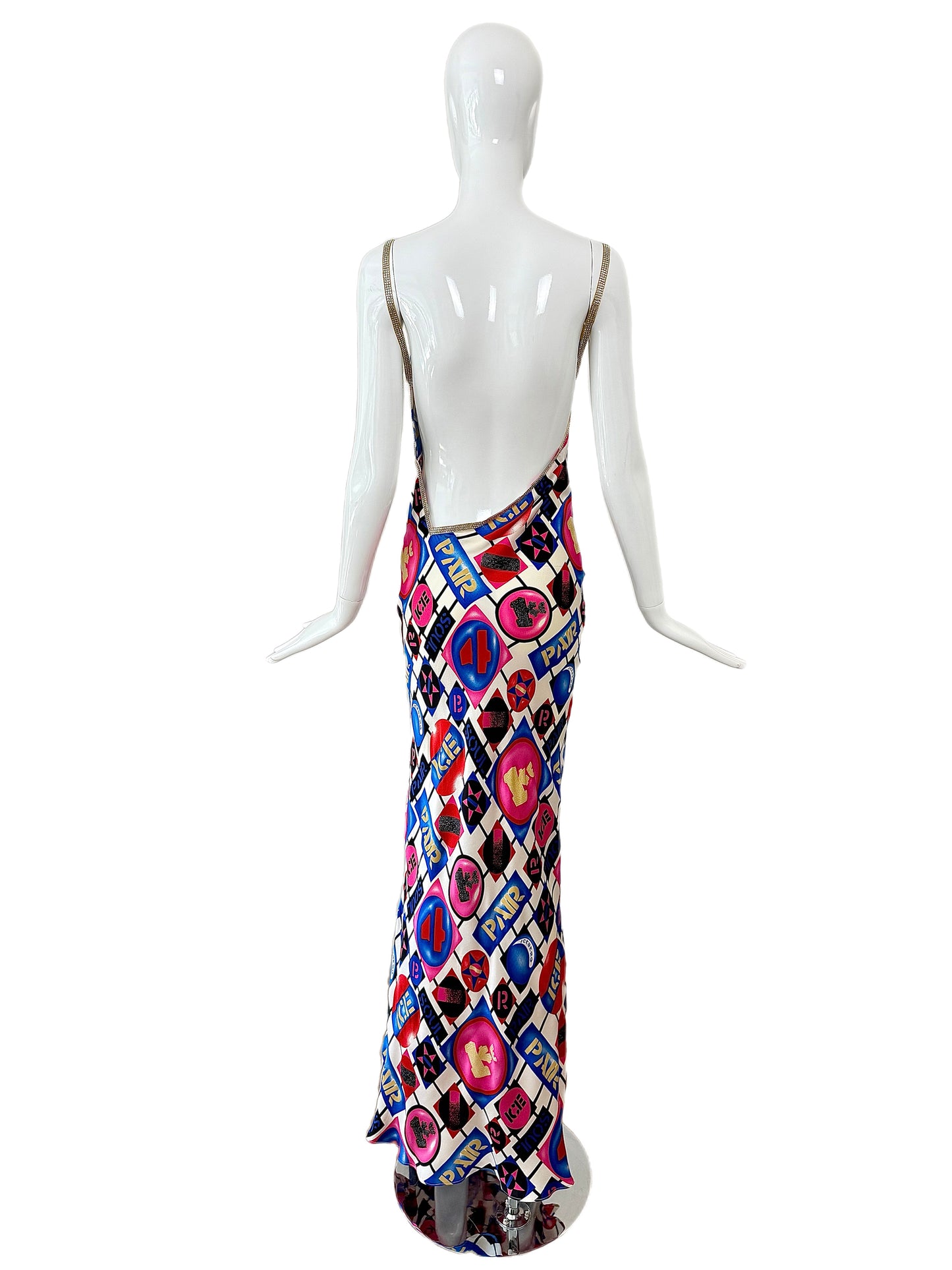 ICEBERG 2001 Vintage Runway 100% Silk Crystal Strap Backless Gown