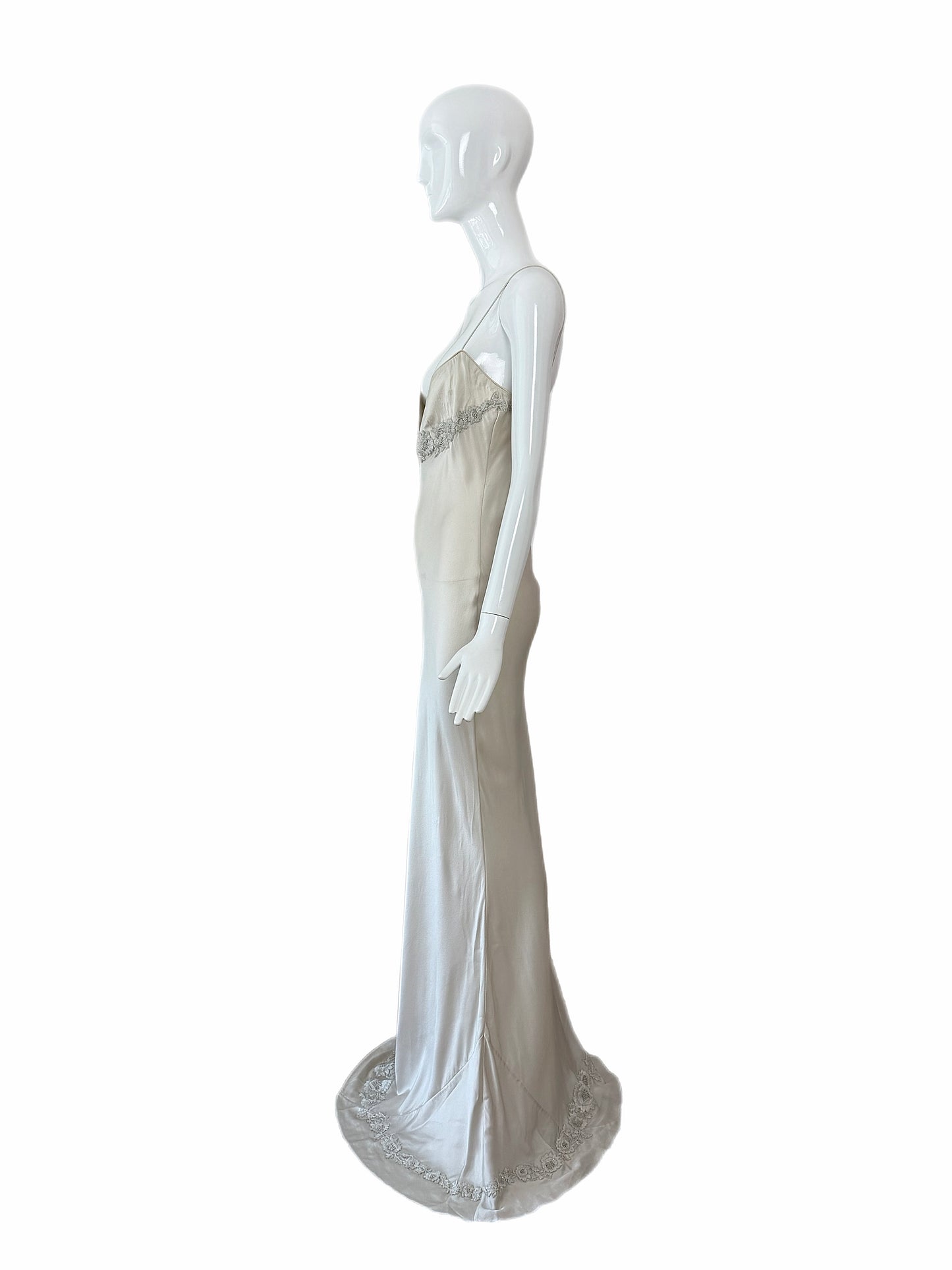 LES HABITUDES 90's Vintage Silver Grey Beaded Floral Slip Gown