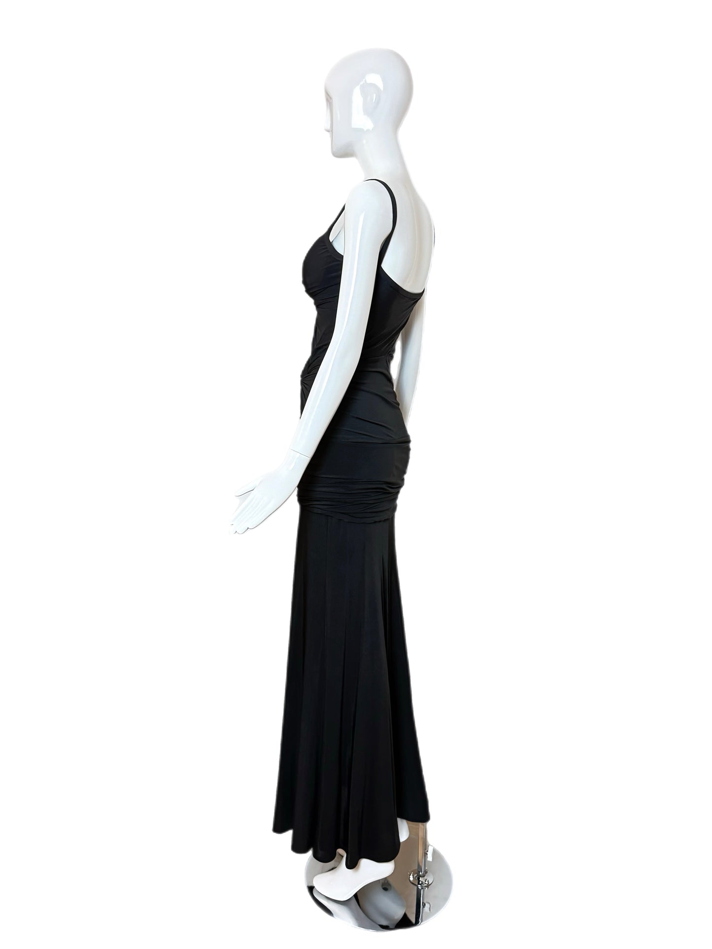 DONNA KARAN Vintage Black Ruched Knotted Evening Gown