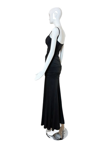 DONNA KARAN Vintage Black Ruched Knotted Evening Gown