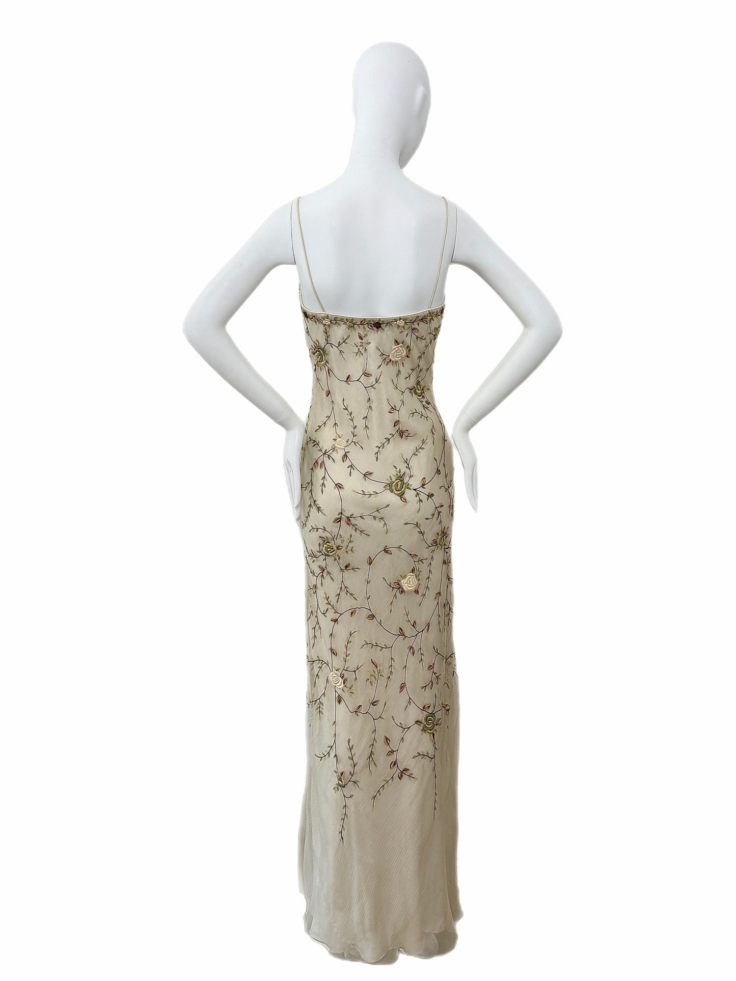 EAVIS & BROWN 90's Vintage Iridescent Beige Silk Embroidered Floral Gown