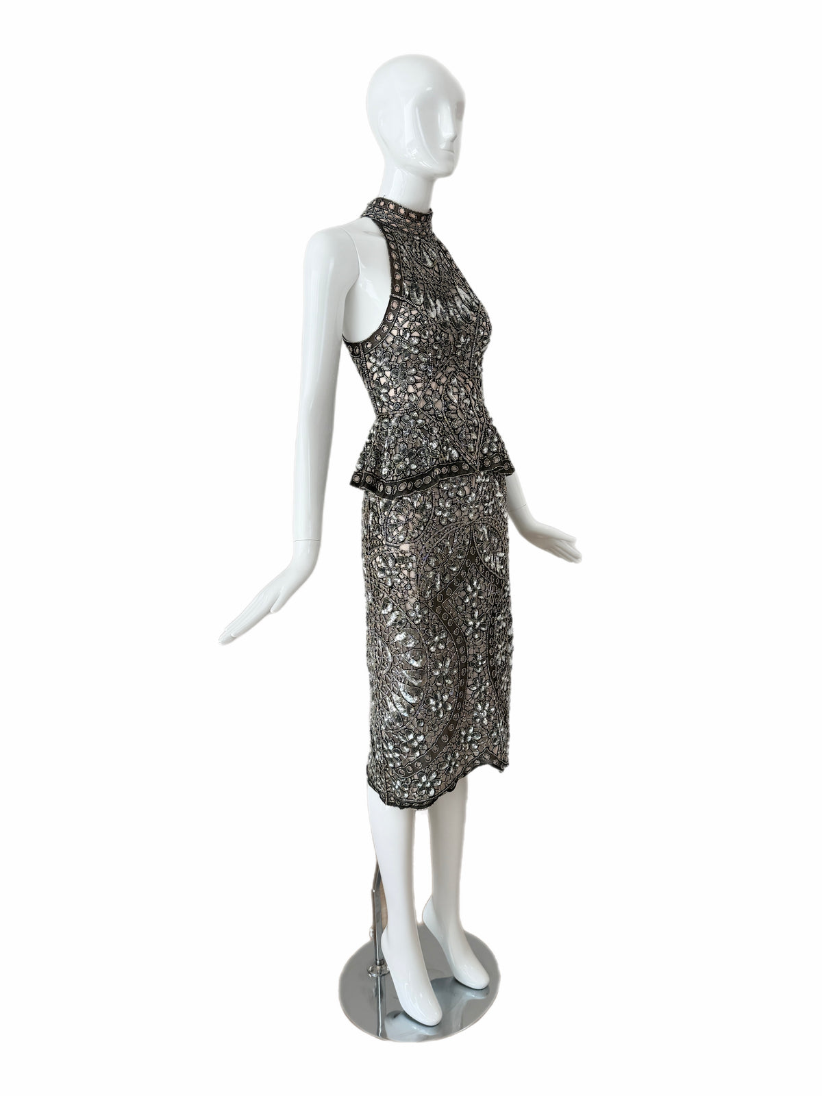 Eavis & Brown Vintage Hand-Beaded Silk Silver Embellished Skirt Set