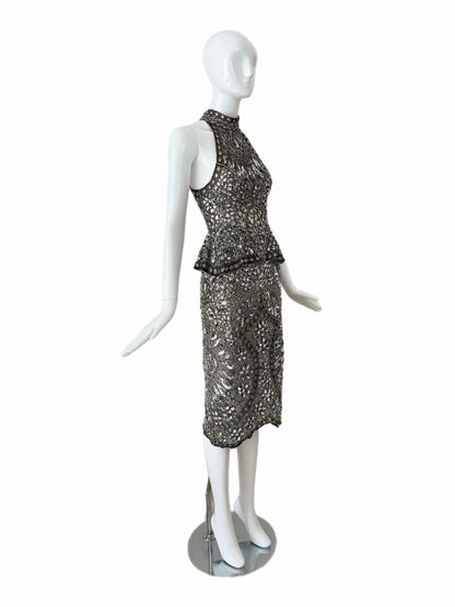 Eavis & Brown Vintage Hand-Beaded Silk Silver Embellished Skirt Set