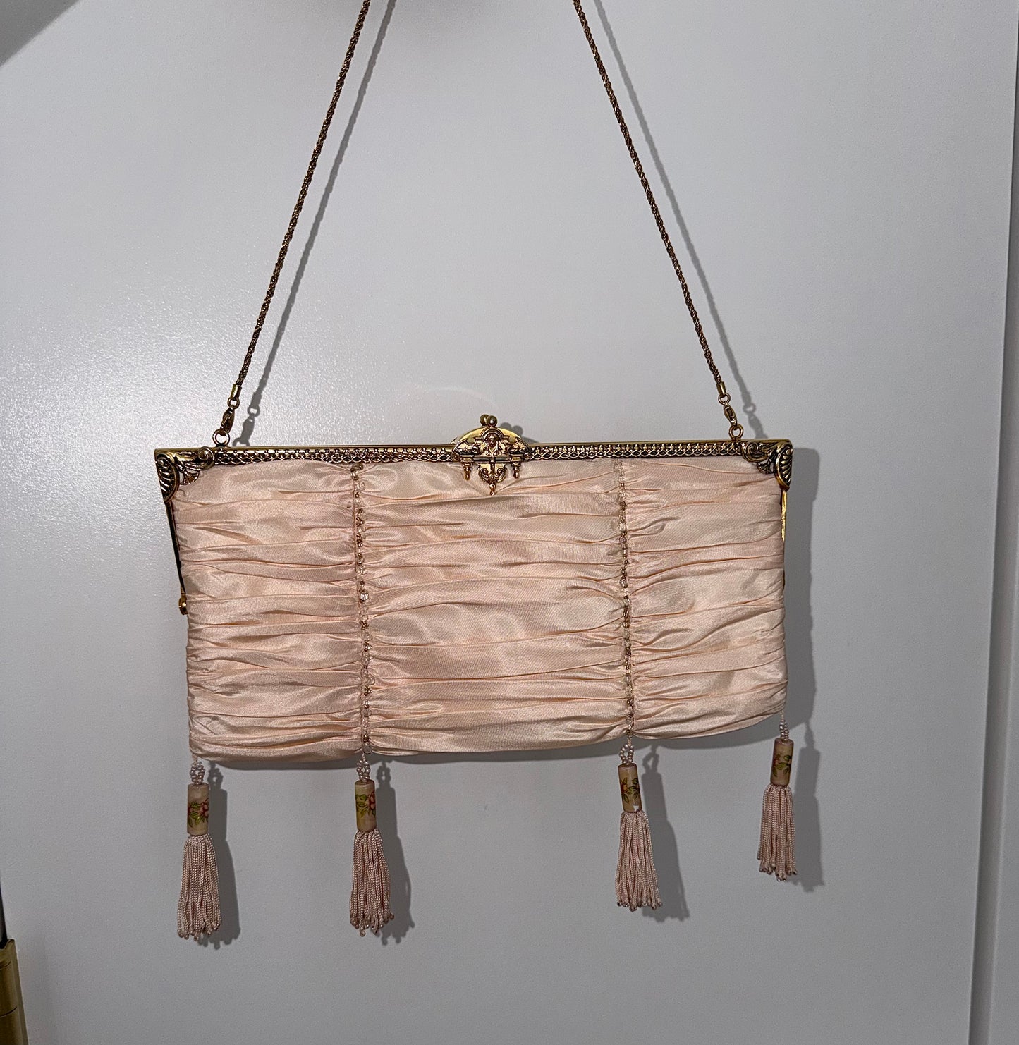 BADGLEY MISCHKA Vintage Peach Satin Beaded Tassel Evening Bag