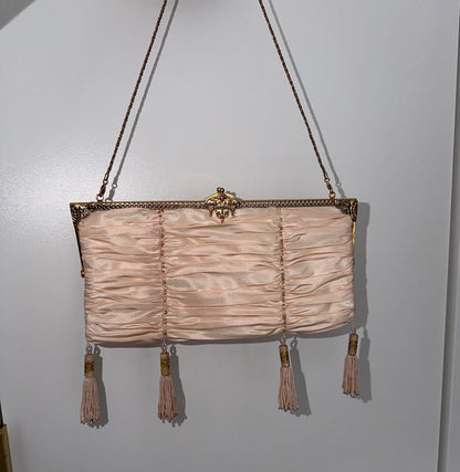 BADGLEY MISCHKA Vintage Peach Satin Beaded Tassel Evening Bag