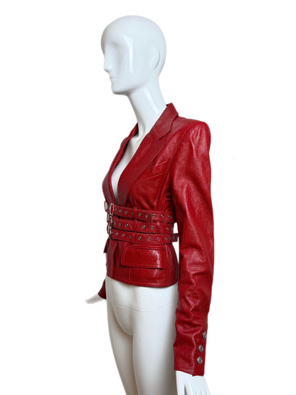 DIOR by JOHN GALLIANO 2003 Vintage Hardcore Red Leather Bondage Blazer Jacket