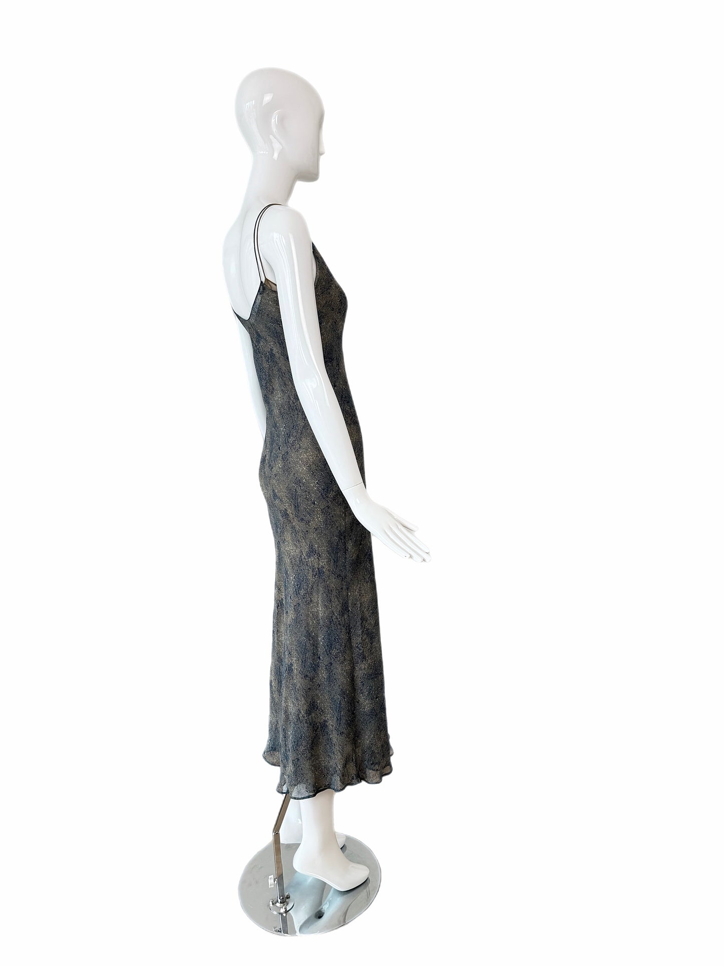 DONNA KARAN 90's Vintage Navy Blue & Tan Printed Silk Slip Maxi Dress