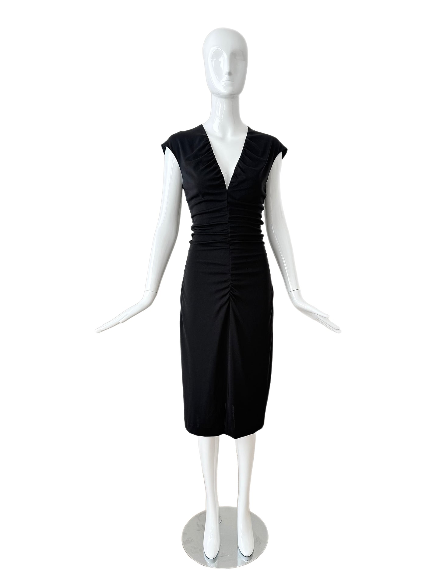 HALSTON 2001 Vintage Black Ruched Deep V Knee Length Dress