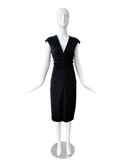 HALSTON 2001 Vintage Black Ruched Deep V Knee Length Dress