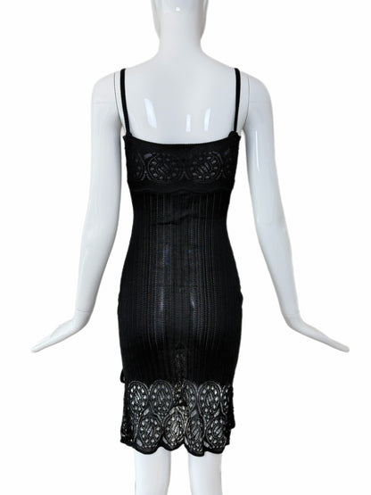 JOHN GALLIANO 1999 Vintage Sheer Knit Black Pointelle Cocktail Dress