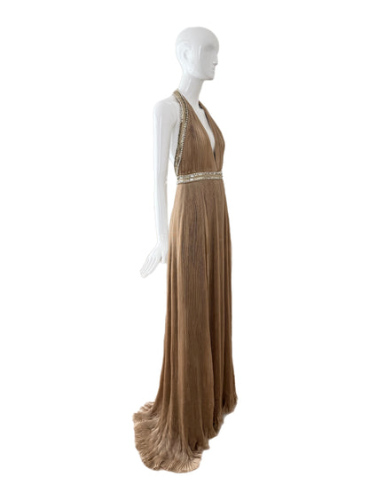 ROBERTO CAVALLI 2000's Vintage Taupe Plissé Grecian Embellished Evening Gown