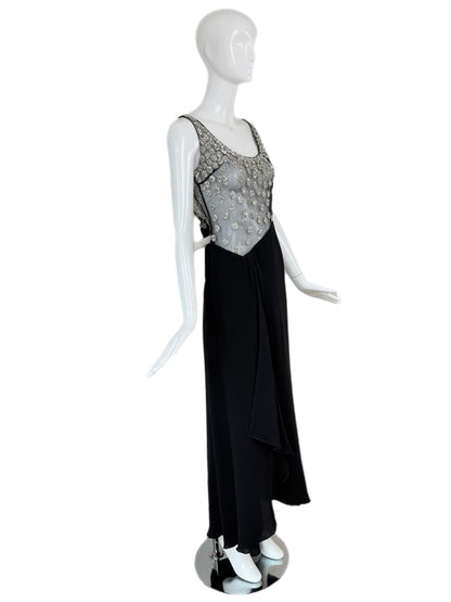 VALENTINO 2000 Vintage Black Silk w. Silver Embellishments Evening Gown