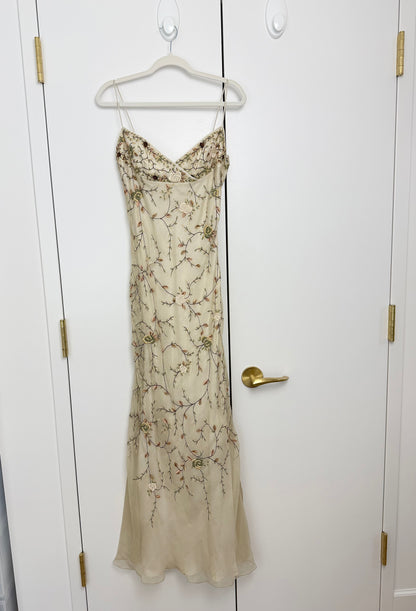 EAVIS & BROWN 90's Vintage Iridescent Beige Silk Embroidered Floral Gown