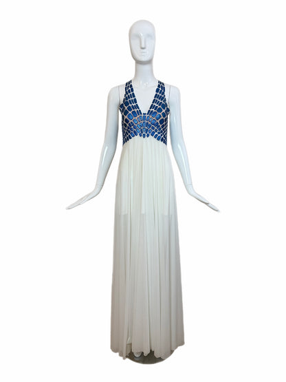 EMA SAVAHL COUTURE Custom Hand Painted Blue + Ivory Grecian Gown