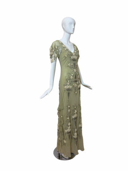 SUE WONG 2004 Vintage Runway Sage Silk Elaborate Evening Gown
