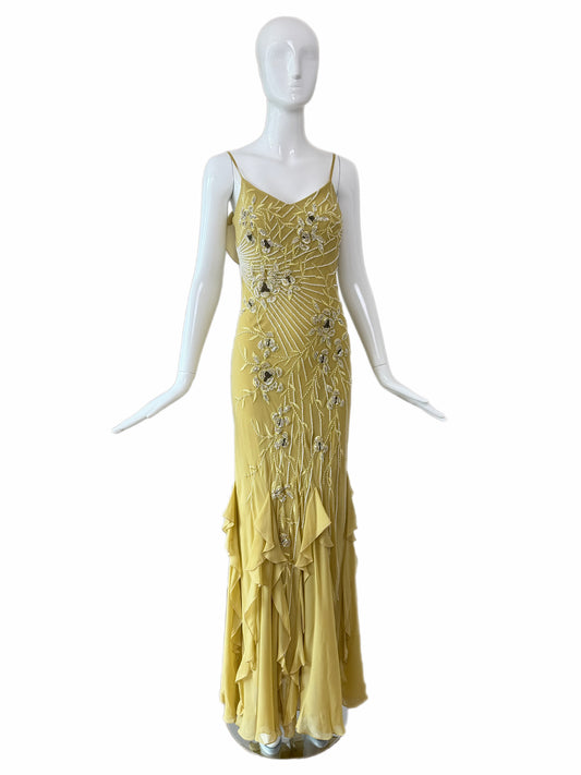 SUE WONG 2005 Vintage Chartreuse Silk Floral Beaded Ruffle Gown