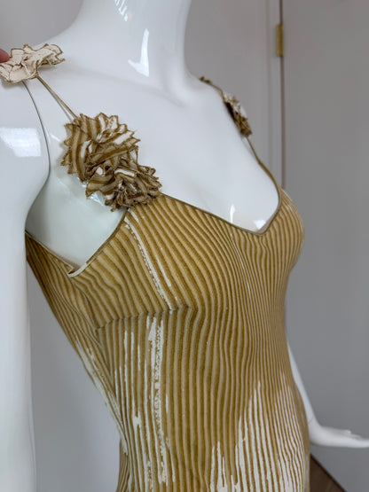 JOHN GALLIANO 2001 Vintage Silk Brushstroke Golden Flower Motif Slip Dress