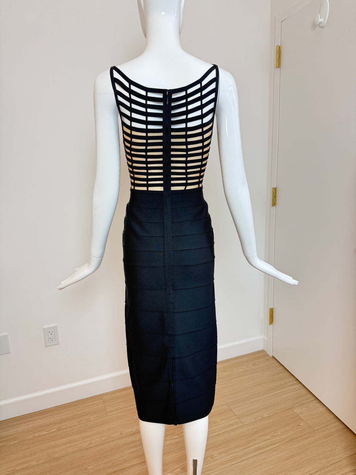 HERVE LEGER 1999 Vintage Runway Style Black + Nude Bodycon Dress