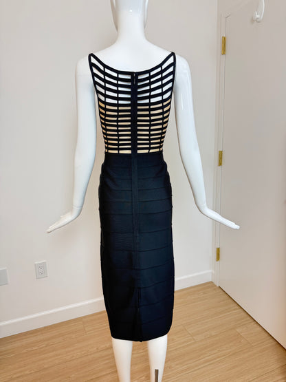 HERVE LEGER 1999 Vintage Runway Style Black + Nude Bodycon Dress