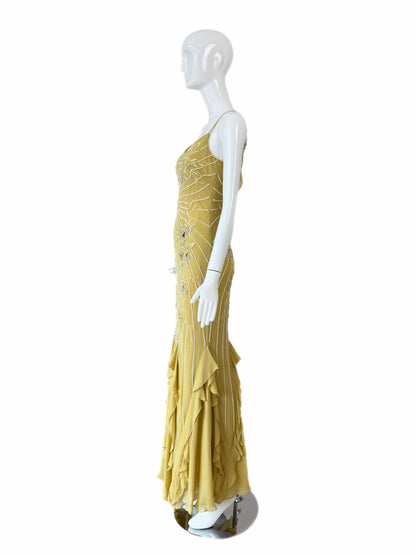 SUE WONG 2005 Vintage Chartreuse Silk Floral Beaded Ruffle Gown