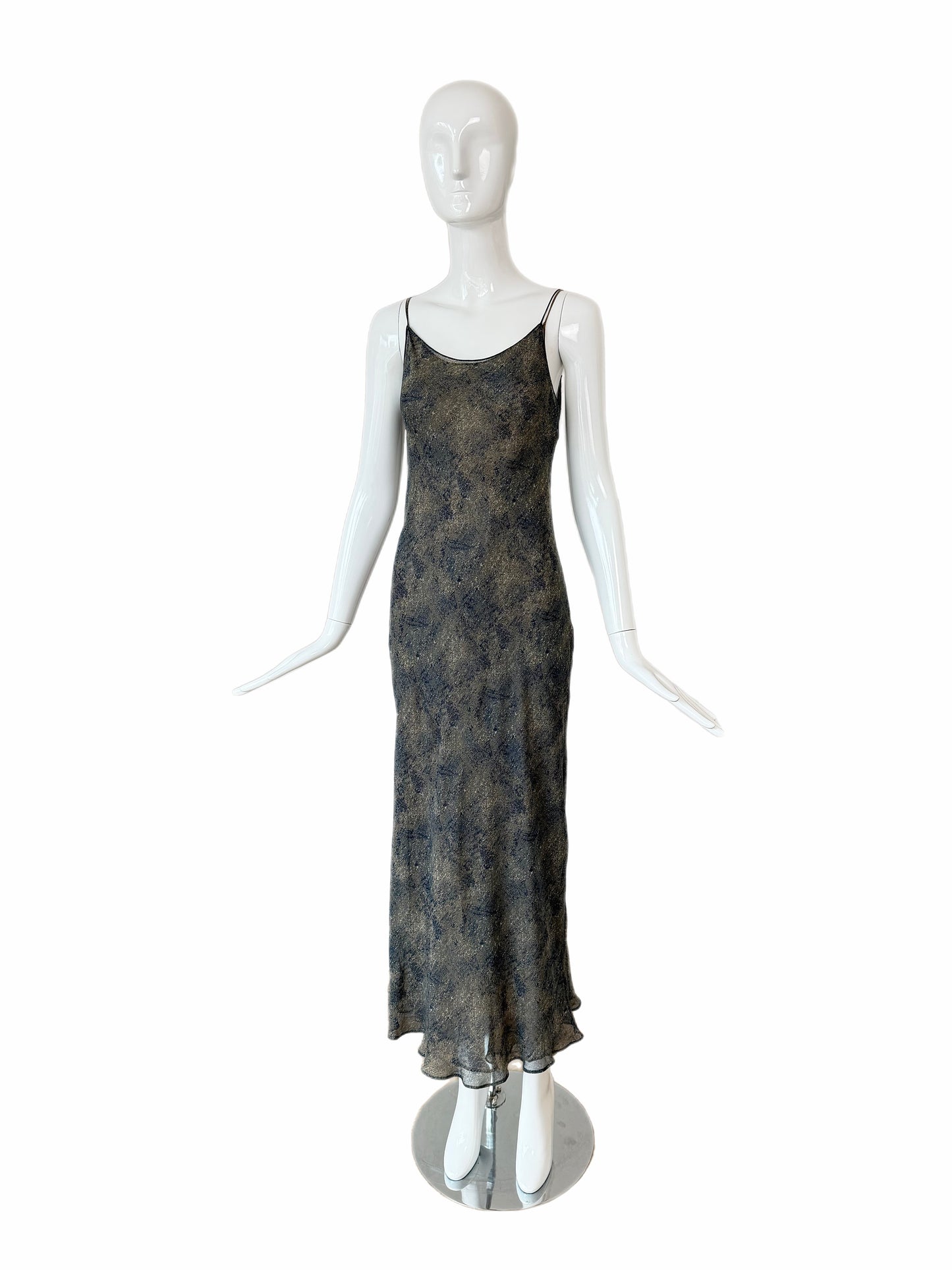 DONNA KARAN 90's Vintage Navy Blue & Tan Printed Silk Slip Maxi Dress
