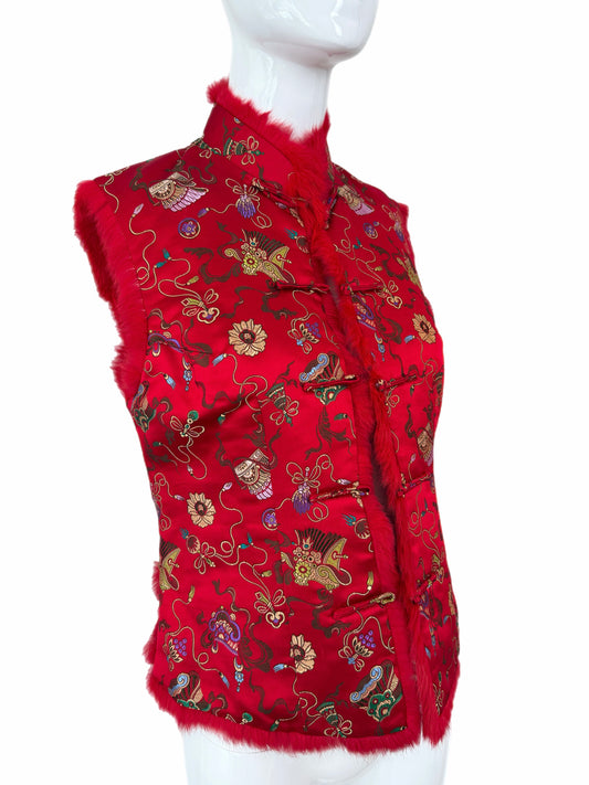 ADRIENNE LANDAU Vintage Red Chinoiserie Fur Trimmed Lightweight Vest