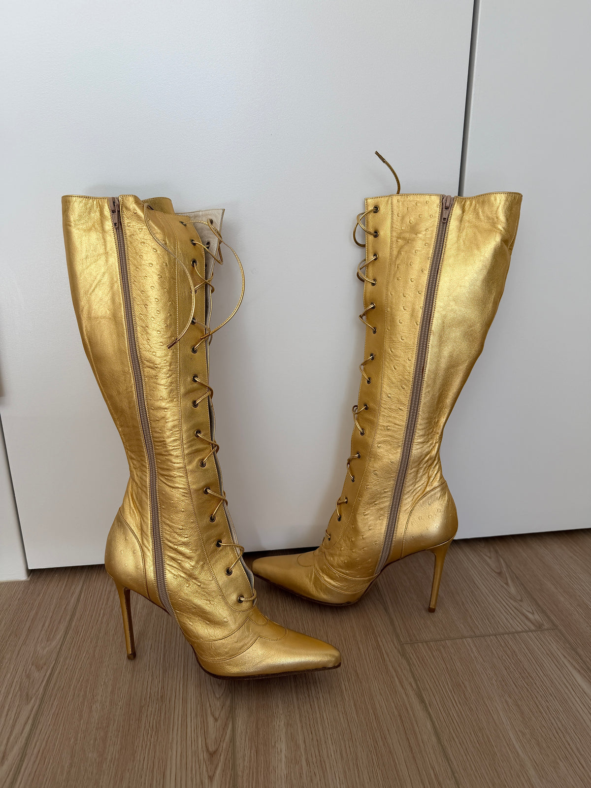 DIOR by JOHN GALLIANO 2000 Vintage Gold Leather Embossed Ostrich Print Lace Up Boots