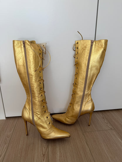 DIOR by JOHN GALLIANO 2000 Vintage Gold Leather Embossed Ostrich Print Lace Up Boots