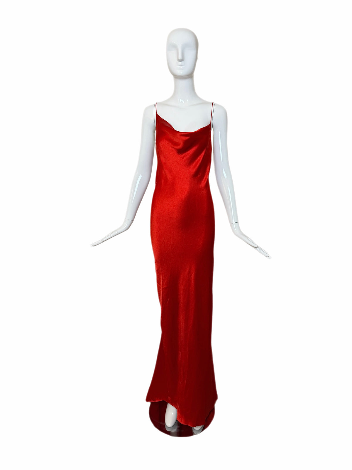 DONNA KARAN 90's Vintage Red Satin Cowl Neck Evening Gown w. Train