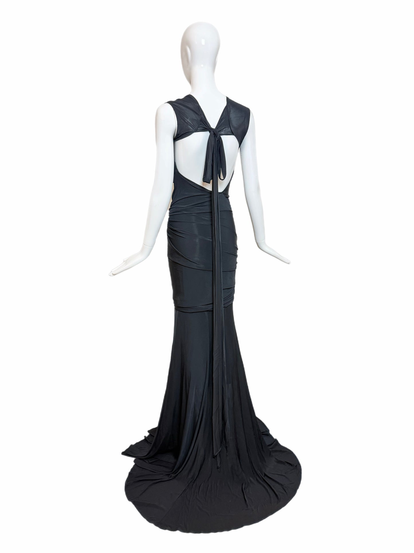 DONNA KARAN Vintage Black Ruched Extra Long Open Back Evening Gown